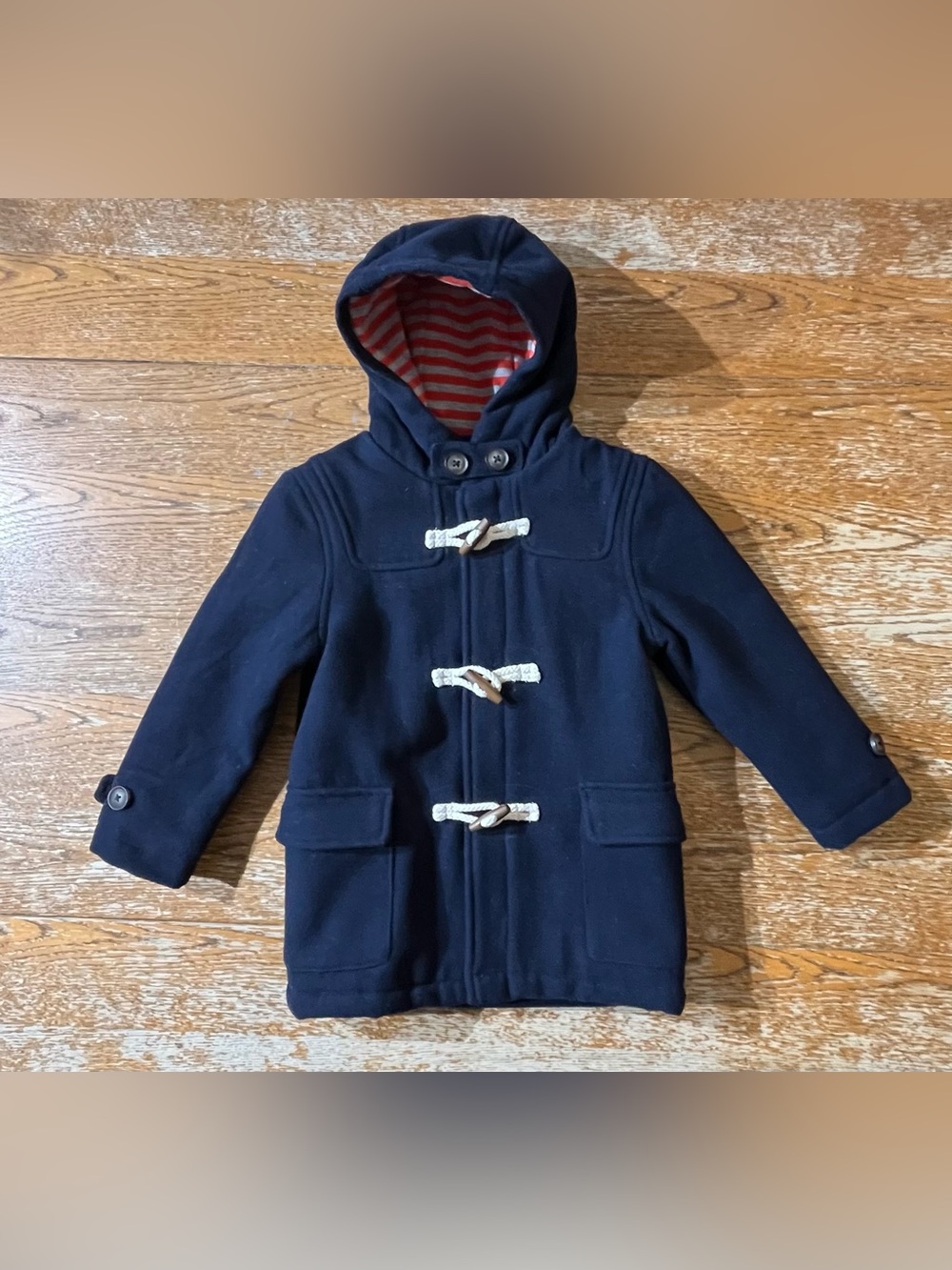 Mini Boden Blue Hooded Wool Duffle Coat Jacket Toggle Size 3-4 year 104cm